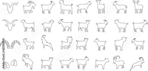 Chèvre, art linéaire, illustration vectorielle, noir et blanc, minimaliste, moderne, tendance, animal de ferme, nature, cornes, sabots, debout, marchant, broutant, mangeant, se reposant