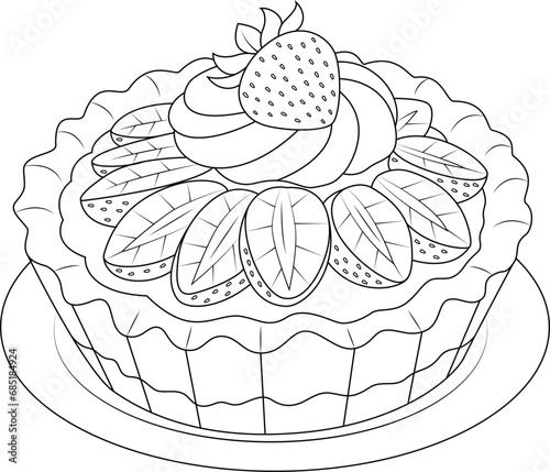 Hand-drawn illustration of strawberry danish coloring page for kids and adults. Food and drink colouring book