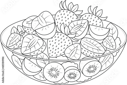 Hand-drawn illustration of strawberry salad coloring page for kids and adults. Food and drink colouring book photo