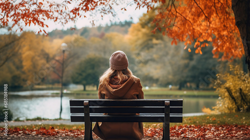 Back view of a young woman sitting on a bench in the park at autumn.