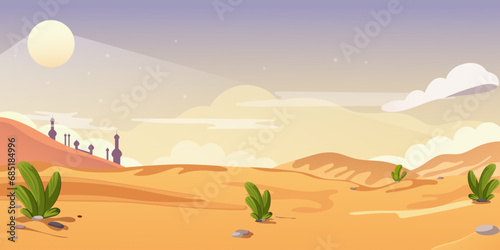 Sunset desert picturesque landscape. Sand dunes and city in the eastern background. Cactus and dry panoramic view. Concept of adventure and bedouin life. Vector illustration