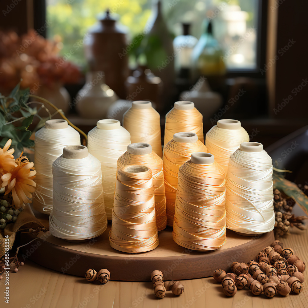 Crafting Elegance: Still Life of Thread Spools and White Roses