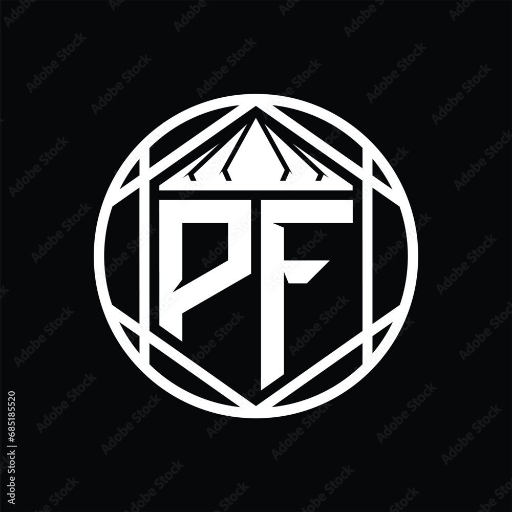 PF Letter Logo monogram hexagon slice crown sharp shield shape isolated circle abstract style design PF Letter Logo monogram hexagon slice crown sharp shield shape isolated circle abstract style design