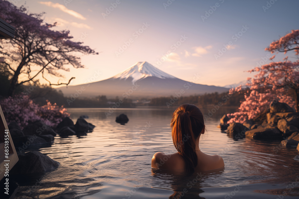 Rear view of woman enjoy Onsen in the morning and seeing view of Fuji mountain in Japan - obrazy, fototapety, plakaty 