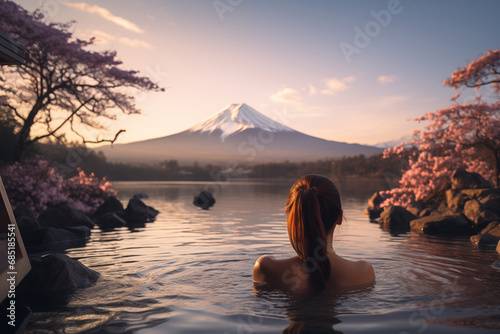 Rear view of woman enjoy Onsen in the morning and seeing view of Fuji mountain in Japan photo