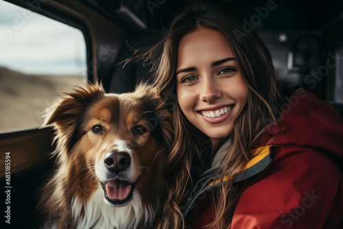Woman and dog enjoy they vacation with beautiful landscape view on camper van. Road trip, holiday photo