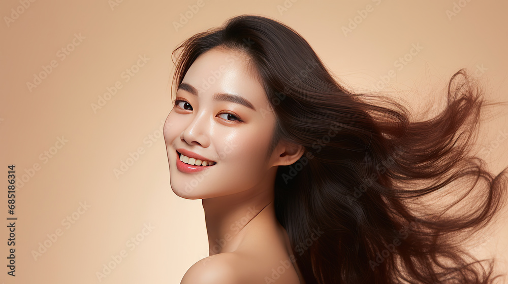 Hasselblad portrait photography of asian girl with clean healthy skin on beige background. Smiling dreamy beautiful woman. wawy hair style.