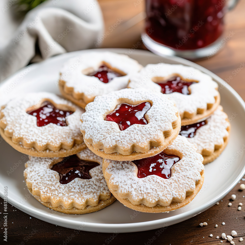 Festive Delight: Star-shaped Cookies with Jam on a Plate