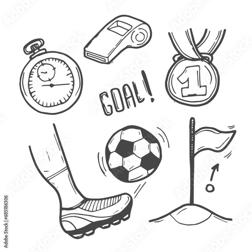 Vector hand drawn doodles cartoon set of football stuff. Soccer illustrations isolated on white