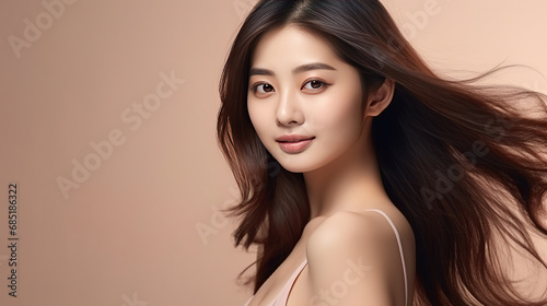 Hasselblad portrait photography of asian girl with clean healthy skin on beige background. Smiling dreamy beautiful woman. wawy hair style.