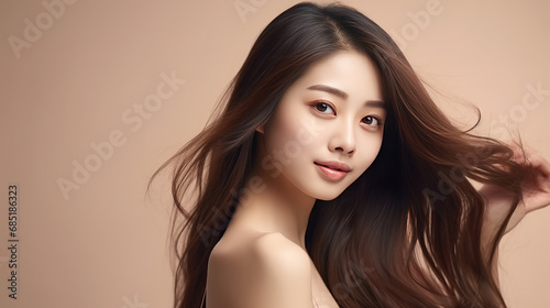 Hasselblad portrait photography of asian girl with clean healthy skin on beige background. Smiling dreamy beautiful woman. wawy hair style.