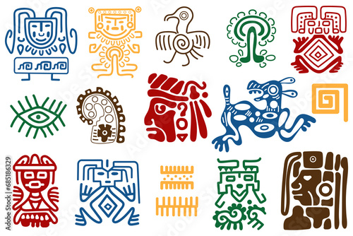Native North American ornament, Indian culture, traditional pattern, ethnic tribal drawings. Collection of aztec, cherokee, apache, mayan elements. Isolated on white background. Vector illustration