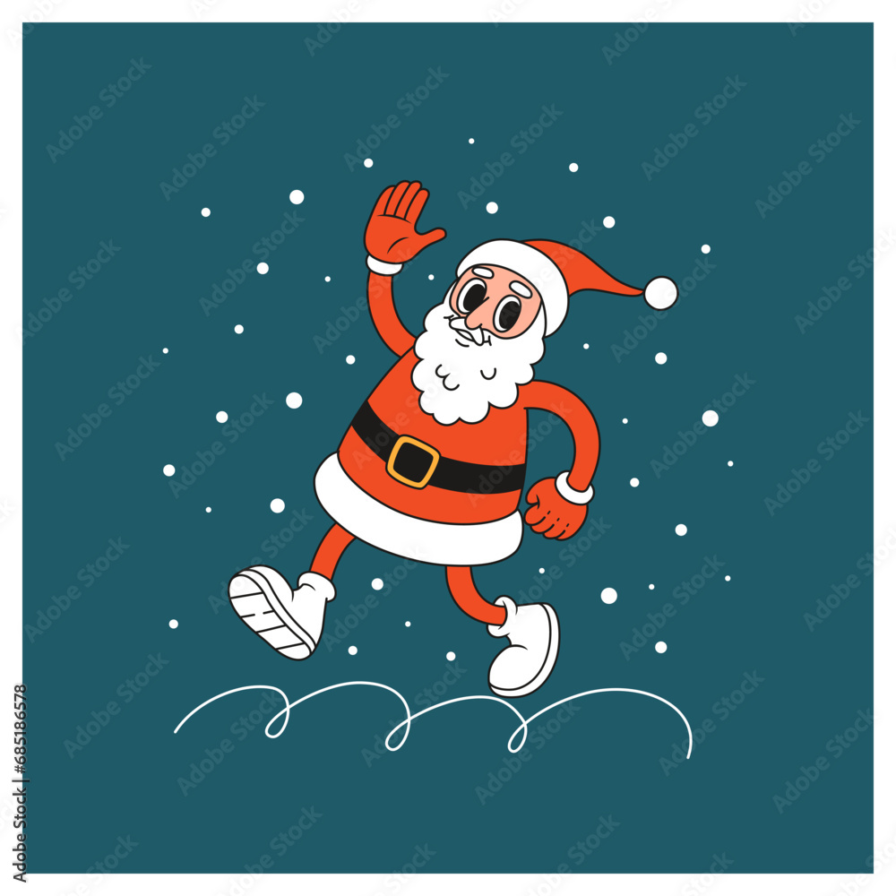 Merry Christmas card with cartoon Santa Claus. Greeting card, poster, template. Vector illustration in retro style.