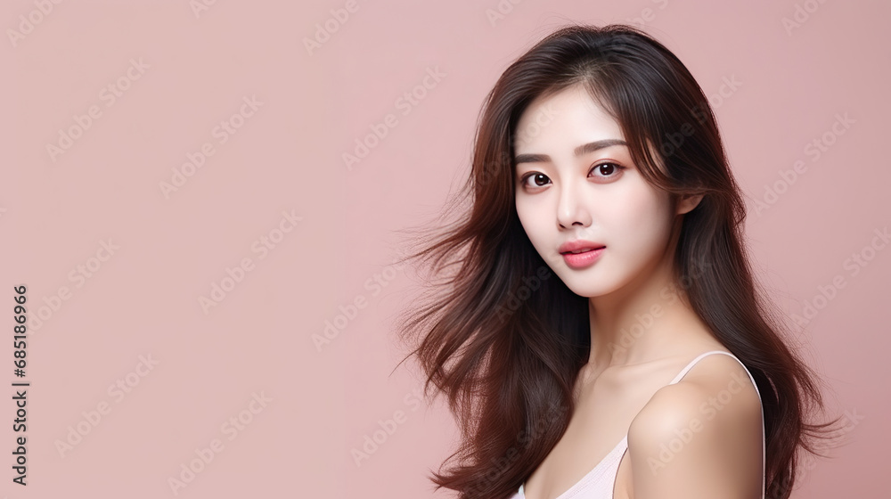 photography of beautiful korea woman, skin clean for cosmetic. pastel pink wall background.