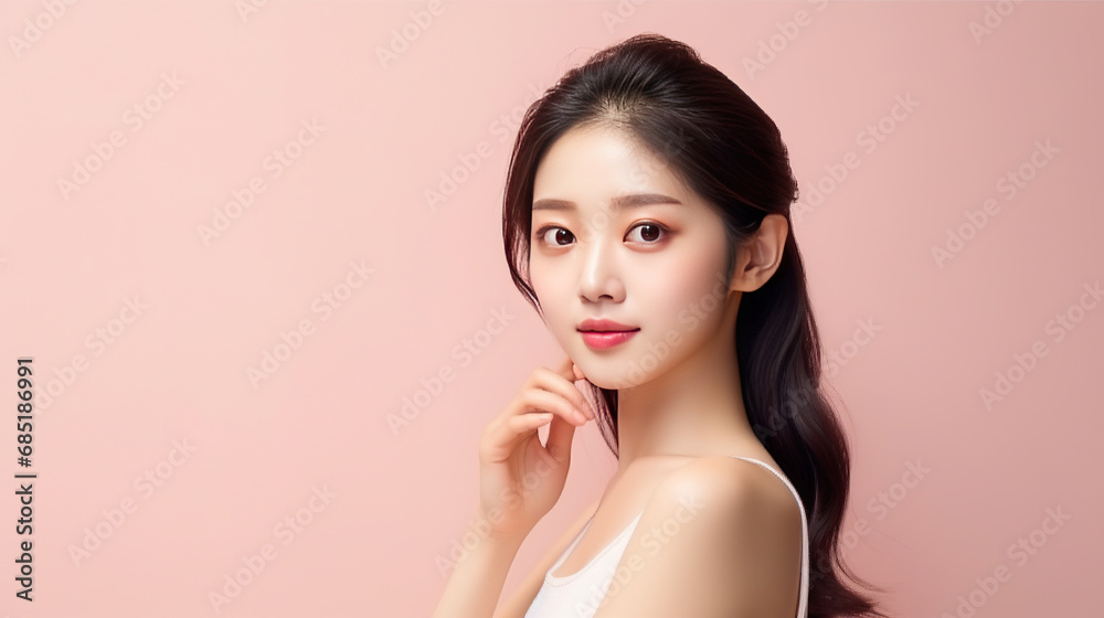 photography of beautiful korea woman, skin clean for cosmetic. pastel pink wall background. - obrazy, fototapety, plakaty 