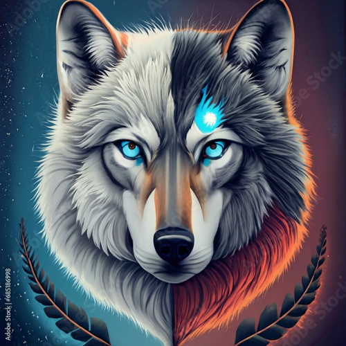 A wolf, one half beautiful white fur, with a blue eye, and the other half black fur with a red eye, typography, painting, illustration. Generative AI photo