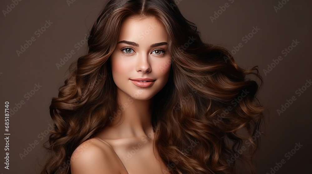 photography of Beauty brunette girl with long shiny curly hair . Beautiful smiling woman model wavy hairstyle . Cosmetology, cosmetics and make-up. photography of Beauty brunette girl with long shiny curly hair . Beautiful smiling woman model wavy hairstyle . Cosmetology, cosmetics and make-up.