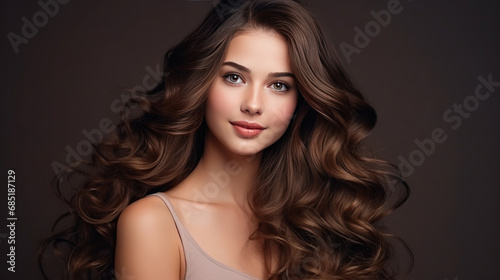 photography of Beauty brunette girl with long shiny curly hair . Beautiful smiling woman model wavy hairstyle . Cosmetology, cosmetics and make-up.