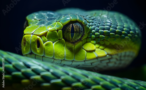 close up image of snake eyes. Green snake.