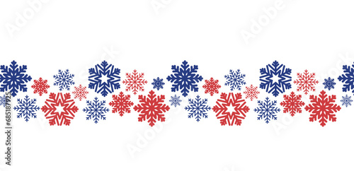 seamless vector border with snowflakes. red and blue snowflake christmas frame. traditional winter new year ornament isolated on transparent background