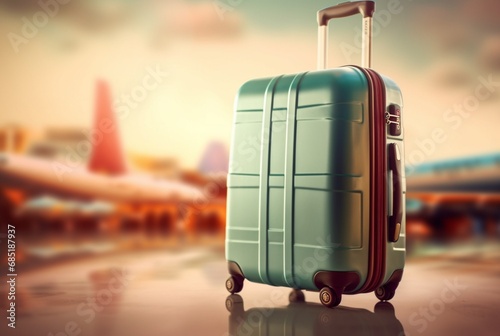 luggage bag with airplane background. generative ai photo