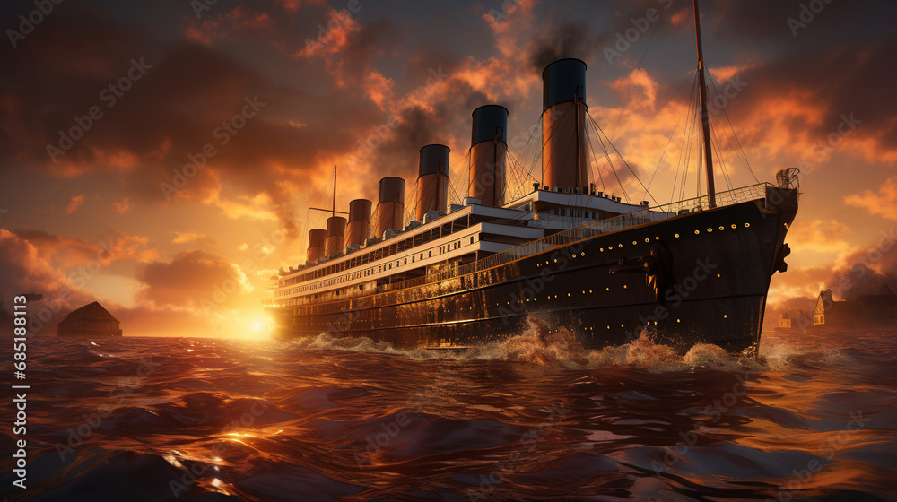 Titanic At Golden Hour In The Atlantic Ocean Seascape Background - obrazy, fototapety, plakaty 
