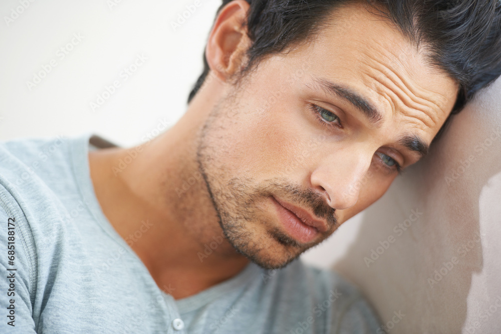 Thinking, sad man or depression, stress or challenge to remember mistake in home. Serious, frustrated person or mental health crisis, anxiety or regret decision, fail or tired of psychological trauma Thinking, sad man or depression, stress or challenge to remember mistake in home. Serious, frustrated person or mental health crisis, anxiety or regret decision, fail or tired of psychological trauma