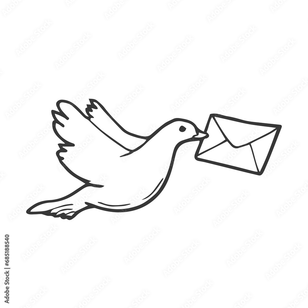 Εκτύπωση καμβά Doodle line drawing of a flying carrier pigeon carrying mail.