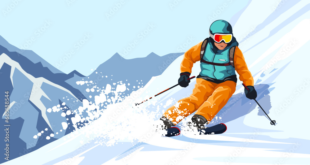 Sliding professional skier in orange warm sport suit with googles. Extreme downhill. Scenic picturesque mountain landscape. Winter holiday resort and vacation. Vector illustration