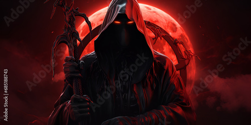 scary halloween vampire,Grim reaper reaching towards the camera over dark background, A fantasy dark lord wearing black robes and a black face mask red eyes AI generated,Eldritch Convergence Portrait  photo
