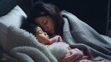 asian woman take care of little ill daughter. Sick child lying on bed under blanket, with worried. single mom taking care of sick daughter at home. child has a high fever. covers on the couch and ill.