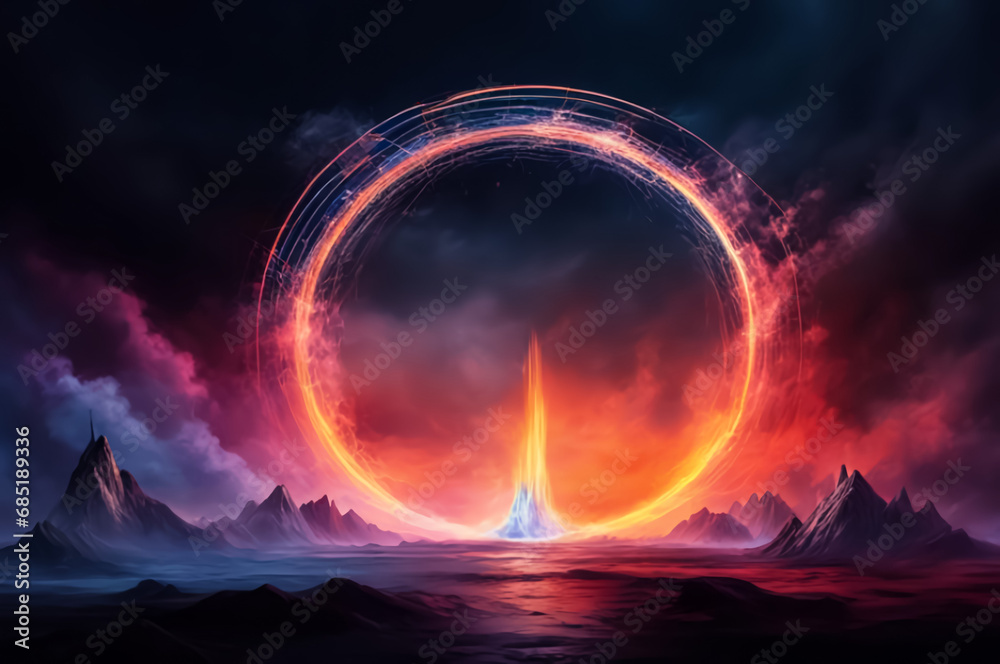 A cosmic landscape with a neon circle and smoke. Multicolored paints. Dark background. Fantasy. AI A cosmic landscape with a neon circle and smoke. Multicolored paints. Dark background. Fantasy. AI