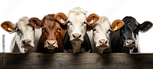 group of cows of different color isolated, looking forward, transparent background, generative ai © Thumbs