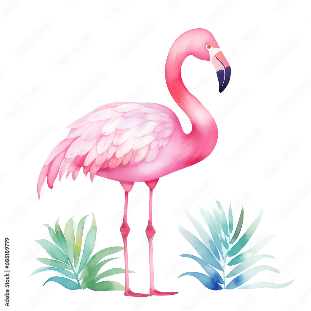Obraz premium charming pink flamingo with watercolor foliage on a white background
