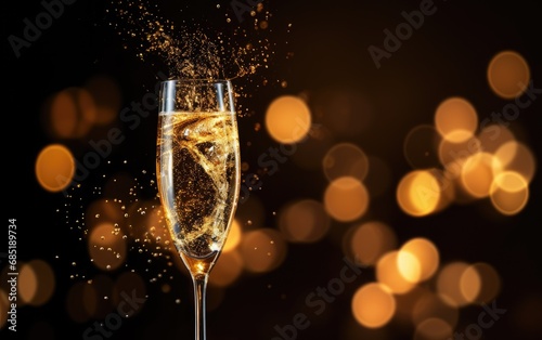A close-up shot of a crystal champagne glass filled with bubbly and a sparkler casting a warm glow, creating a lively New Year's atmosphere, during the night, with colorful and dynamic lighting