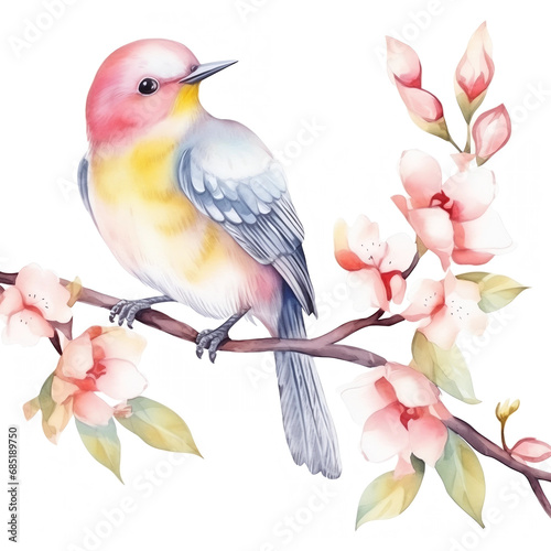 pastel-colored bird perched on a flowering branch watercolor illustration