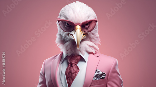cute eagle in pink suit looking at camera, humanoid figure