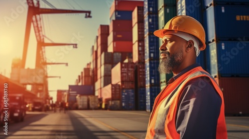 Hispanic man harbor worker and control loading containers at container warehouse. container yard port of import and export goods, container, import and export goods, industrial, transportation photo