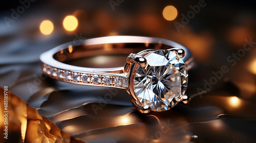 Elegant diamond ring for engagement, wedding, anniversary, or gift for woman on the blurred background