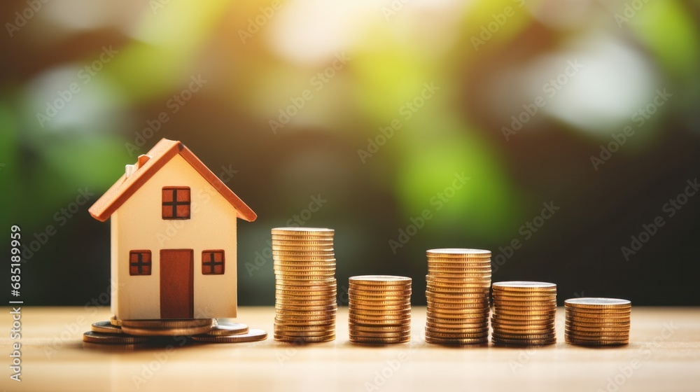 Money coin stack growing graph with house bokeh background, investment concept.Business Finance and Save Money concept Money coin stack growing graph with house bokeh background, investment concept.Business Finance and Save Money concept