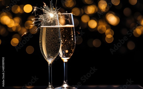 A modern and stylish New Year's background featuring a champagne flute and a burning sparkler against a sleek and dark backdrop