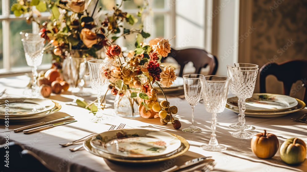 Autumn holiday tablescape, formal dinner table setting, table scape with elegant autumnal floral decor for wedding party and event decoration