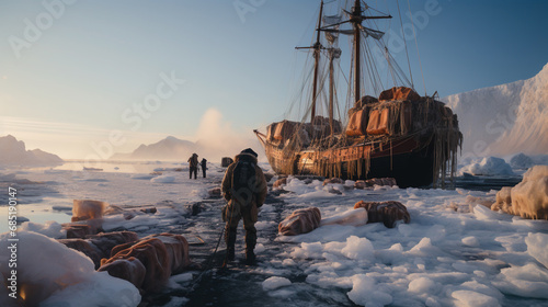 A Sailboat Stuck in Ice On The Arctic Seascape Background