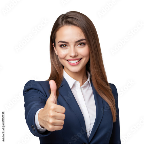 Portrait of beautiful business woman with thumb up gesture isolated on transparent background