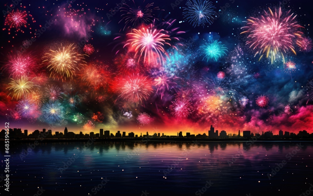 Fireworks bursting in the night sky, illuminating the atmosphere with vibrant colors and celebration Fireworks bursting in the night sky, illuminating the atmosphere with vibrant colors and celebration
