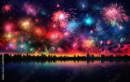 Fireworks bursting in the night sky, illuminating the atmosphere with vibrant colors and celebration