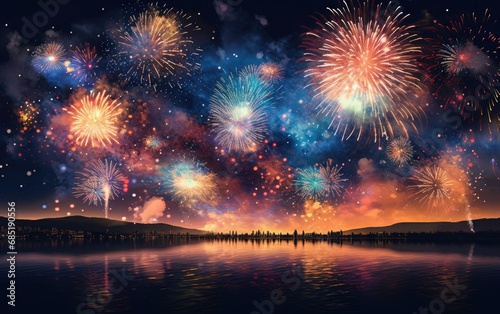 Fireworks bursting in the night sky, illuminating the atmosphere with vibrant colors and celebration