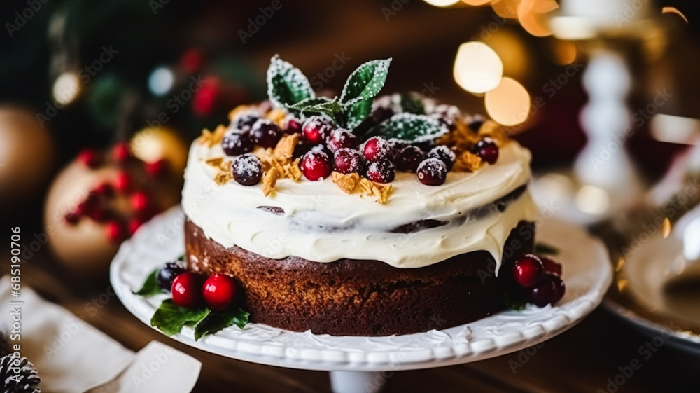 Christmas cake, holiday recipe and home baking, pudding with creamy icing for cosy winter holidays tea in the English country cottage, homemade food and cooking