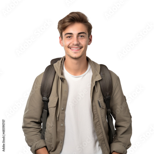 University young man student carrying backpack isolated on transparent background