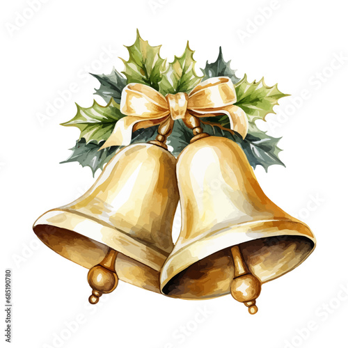 Golden Christmas bells with golden bow, Christmas vector watercolor illustration